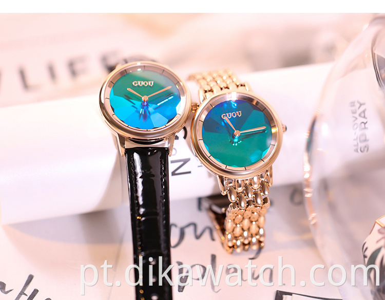 6034 GUOU Relógios de pulso à prova d'água com mostrador colorido verde pulseira de relógio de aço inoxidável e relógios femininos de colarinho branco